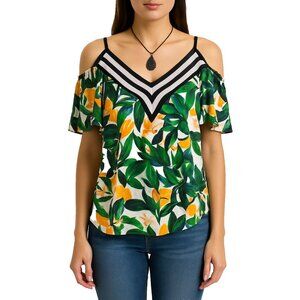 NWT Nicole by Nicole Miller Womens S Cold Shoulder Blouse Floral Semi-Sheer Top